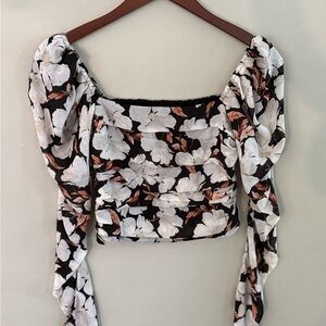 Abercrombie & Fitch Black Floral Long Sleeve Puff Shoulder Blouse
